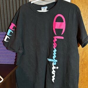 Vintage Champion  Black T-Shirt with Pink and Blue Accents